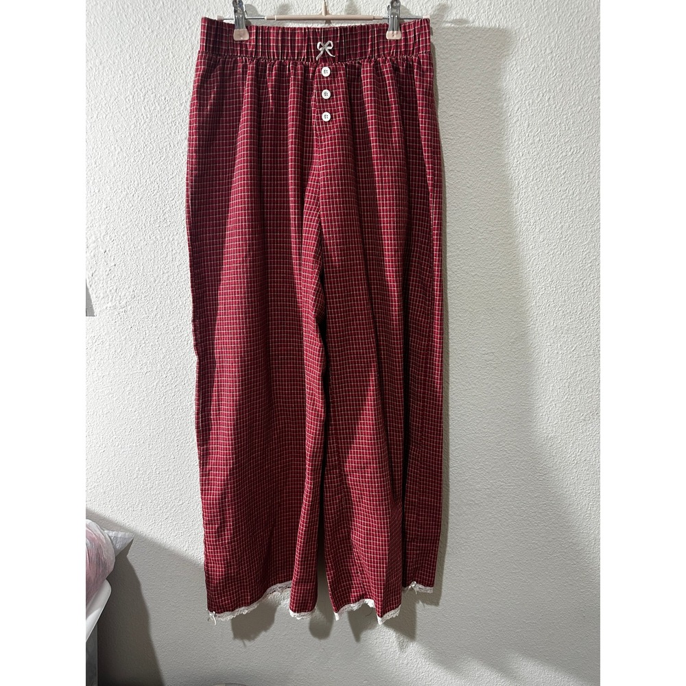 Edikted Pajama Pants Womens XS Red Plaid Grid Check Lace Trim Wide Leg Sleepwear